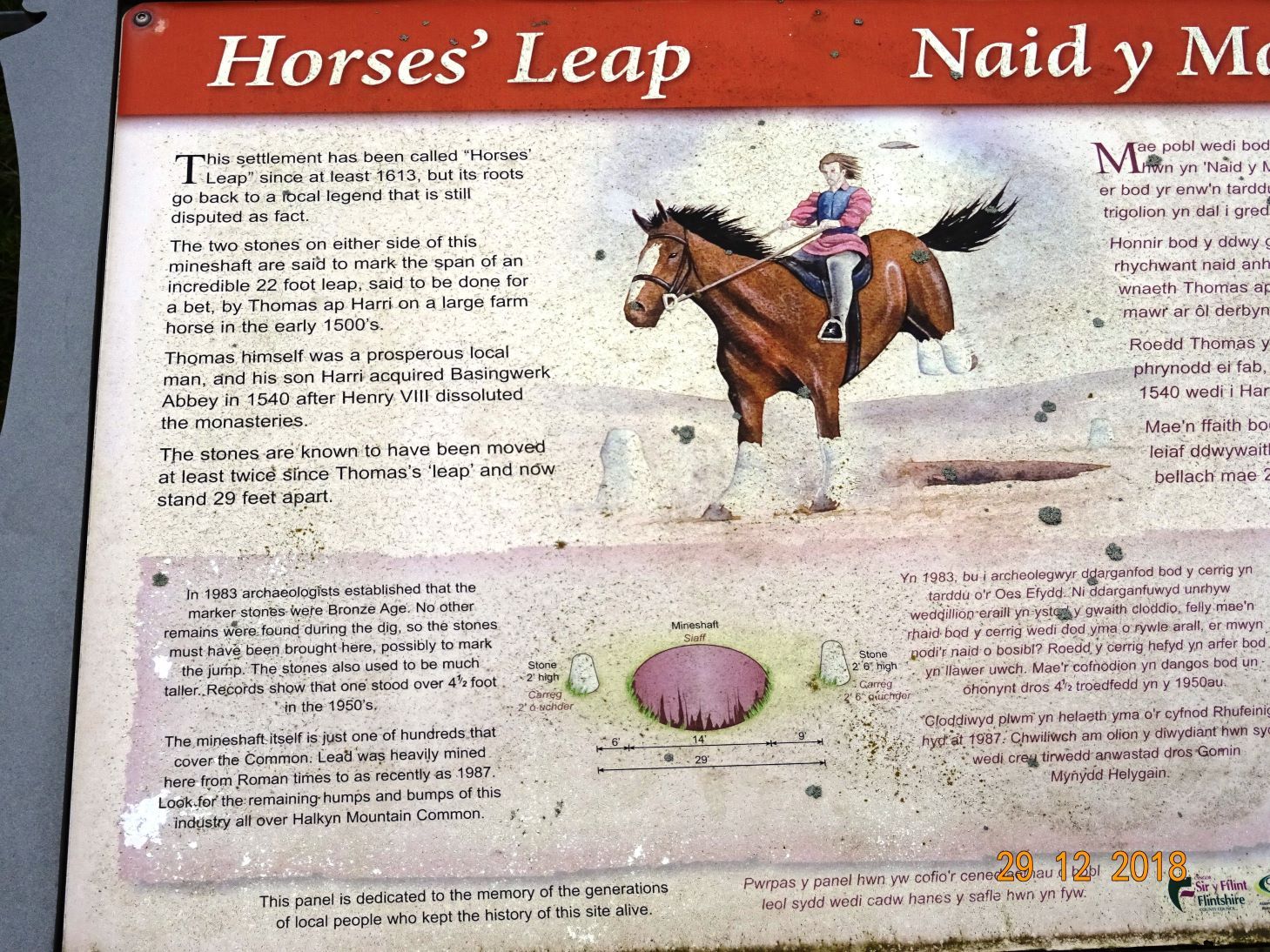 Plaque at the site of Naid-y-March (Horse's Leap) at Calcoed, Flintshire